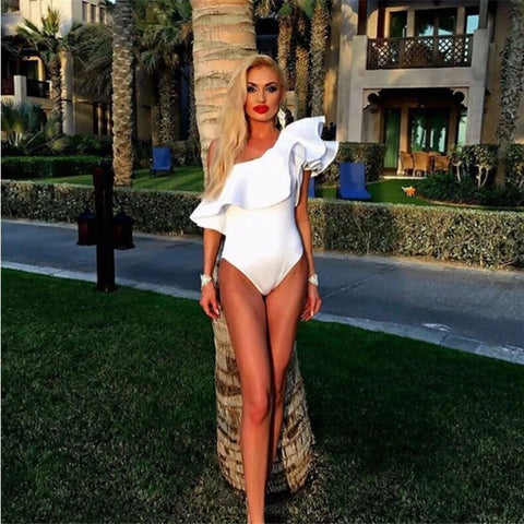 Sexy Off Shoulder Ruffles Slim One Piece Skinny Bodysuit CODE: KAR2452