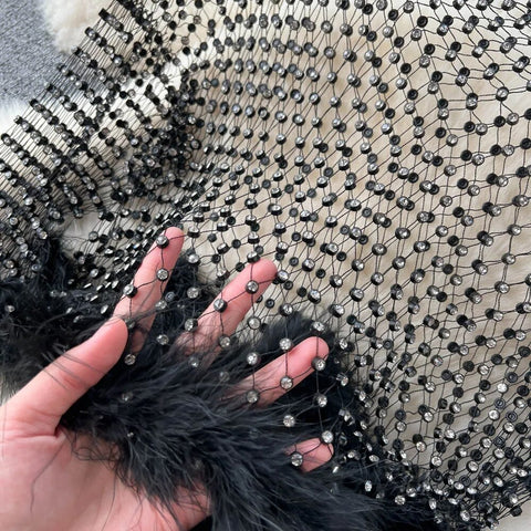 New Stitching Rhinestone Beaded Hollow Tees Diamond Long Flare Sleeve Faux Fur Edge Top CODE: KAR2453