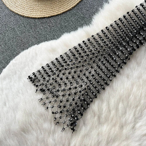 New Stitching Rhinestone Beaded Hollow Tees Diamond Long Flare Sleeve Faux Fur Edge Top CODE: KAR2453