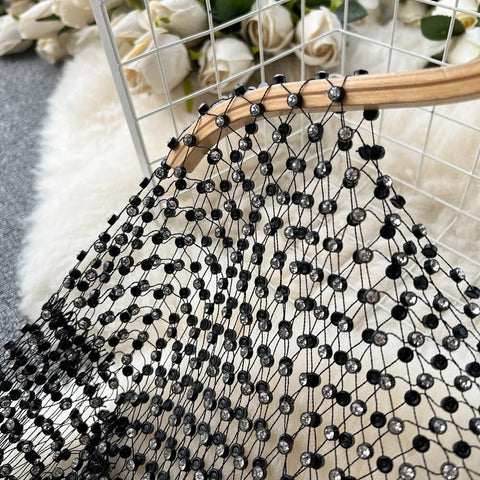 New Stitching Rhinestone Beaded Hollow Tees Diamond Long Flare Sleeve Faux Fur Edge Top CODE: KAR2453
