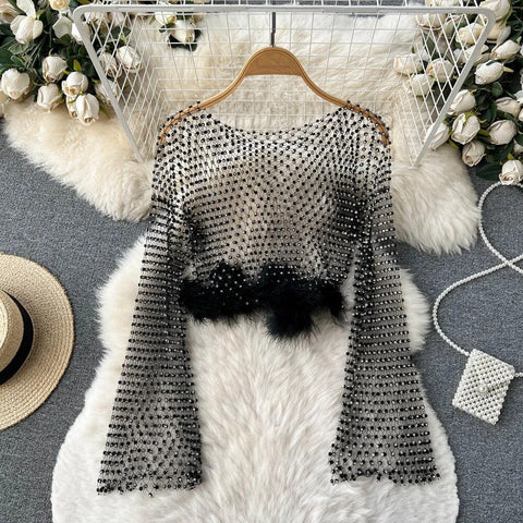 New Stitching Rhinestone Beaded Hollow Tees Diamond Long Flare Sleeve Faux Fur Edge Top CODE: KAR2453