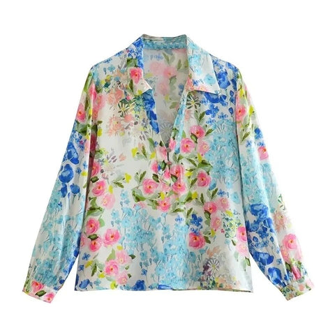 New Summer Fashion Floral Printed Silk Satin Loose Long-sleeve Shirt CODE: KAR2456