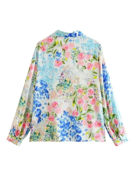 New Summer Fashion Floral Printed Silk Satin Loose Long-sleeve Shirt CODE: KAR2456