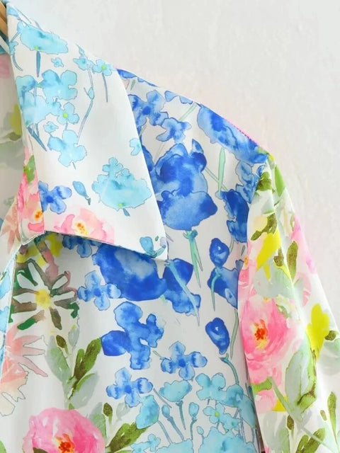 New Summer Fashion Floral Printed Silk Satin Loose Long-sleeve Shirt CODE: KAR2456