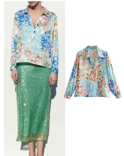 New Summer Fashion Floral Printed Silk Satin Loose Long-sleeve Shirt CODE: KAR2456