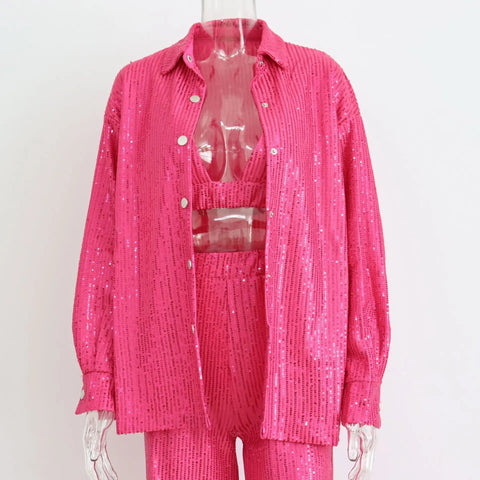 New Sequin Fashion Shirt With Long Pant Blouse Three Piece Set CODE: KAR2457