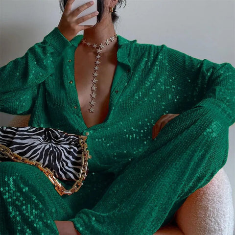 New Sequin Fashion Shirt With Long Pant Blouse Three Piece Set CODE: KAR2457