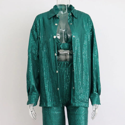 New Sequin Fashion Shirt With Long Pant Blouse Three Piece Set CODE: KAR2457