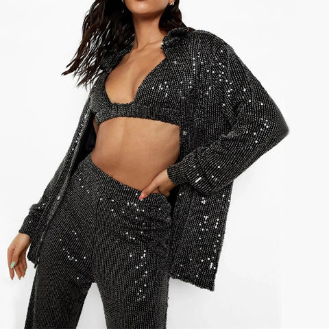New Sequin Fashion Shirt With Long Pant Blouse Three Piece Set CODE: KAR2457