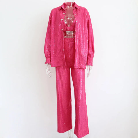 New Sequin Fashion Shirt With Long Pant Blouse Three Piece Set CODE: KAR2457