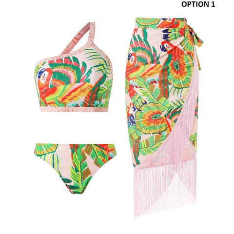 Sexy Flower Print Tassel Bikini Set Skirt 3 Piece Swimsuit CODE: KAR2462