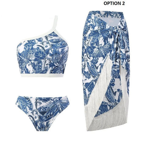 Sexy Flower Print Tassel Bikini Set Skirt 3 Piece Swimsuit CODE: KAR2462