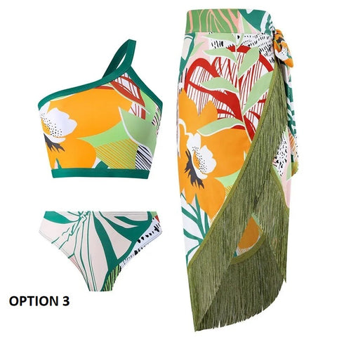 Sexy Flower Print Tassel Bikini Set Skirt 3 Piece Swimsuit CODE: KAR2462