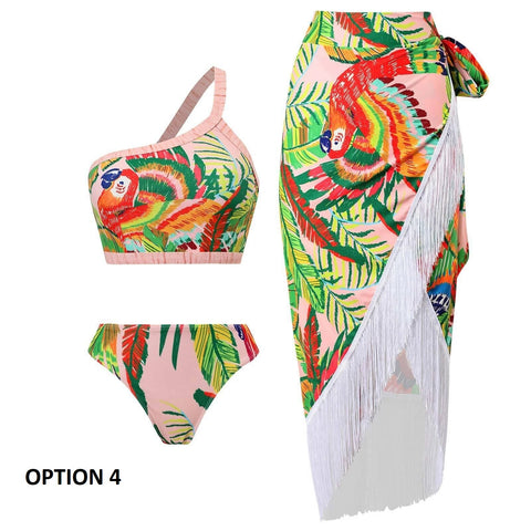 Sexy Flower Print Tassel Bikini Set Skirt 3 Piece Swimsuit CODE: KAR2462