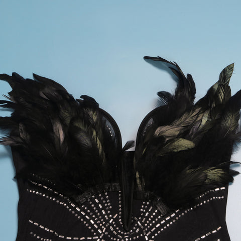 Sexy Rhinestone Off Shoulder Beaded Feather Prom Corset See Through Jumpsuit CODE: KAR2463