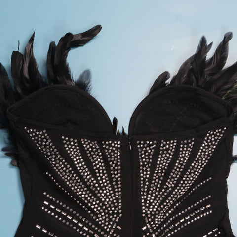 Sexy Rhinestone Off Shoulder Beaded Feather Prom Corset See Through Jumpsuit CODE: KAR2463