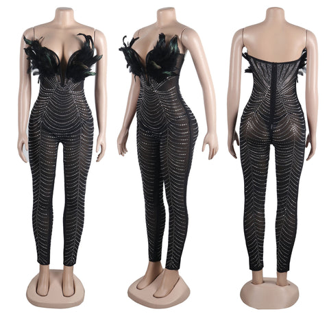 Sexy Rhinestone Off Shoulder Beaded Feather Prom Corset See Through Jumpsuit CODE: KAR2463