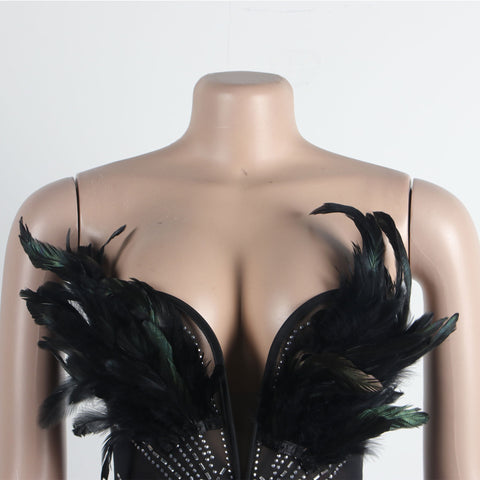 Sexy Rhinestone Off Shoulder Beaded Feather Prom Corset See Through Jumpsuit CODE: KAR2463