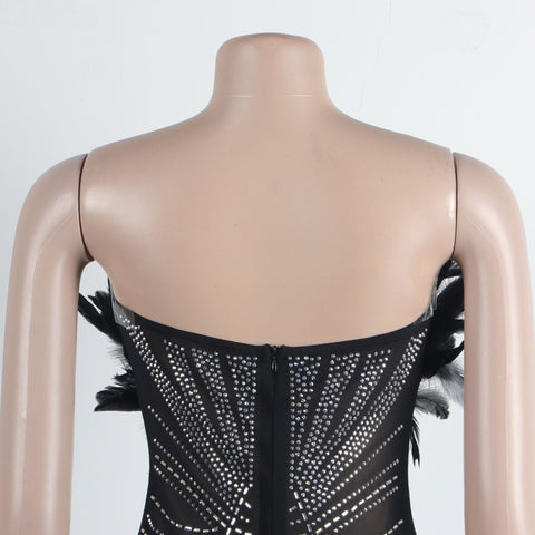 Sexy Rhinestone Off Shoulder Beaded Feather Prom Corset See Through Jumpsuit CODE: KAR2463