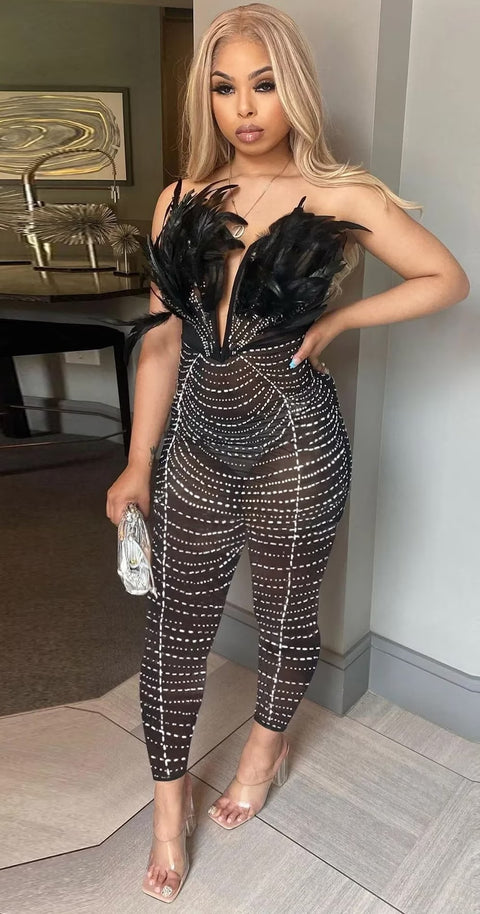 Sexy Rhinestone Off Shoulder Beaded Feather Prom Corset See Through Jumpsuit CODE: KAR2463