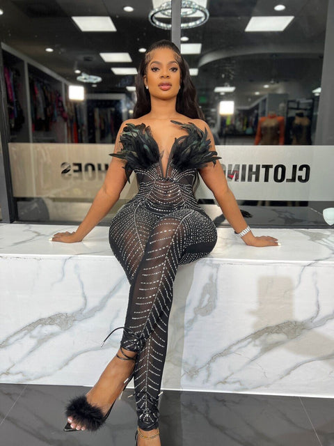 Sexy Rhinestone Off Shoulder Beaded Feather Prom Corset See Through Jumpsuit CODE: KAR2463