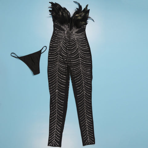 Sexy Rhinestone Off Shoulder Beaded Feather Prom Corset See Through Jumpsuit CODE: KAR2463