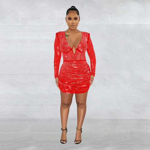 Luxury Elegant Rhinestone Patchwork Sequin Long Sleeve Bodycon Short Dress CODE: KAR2464