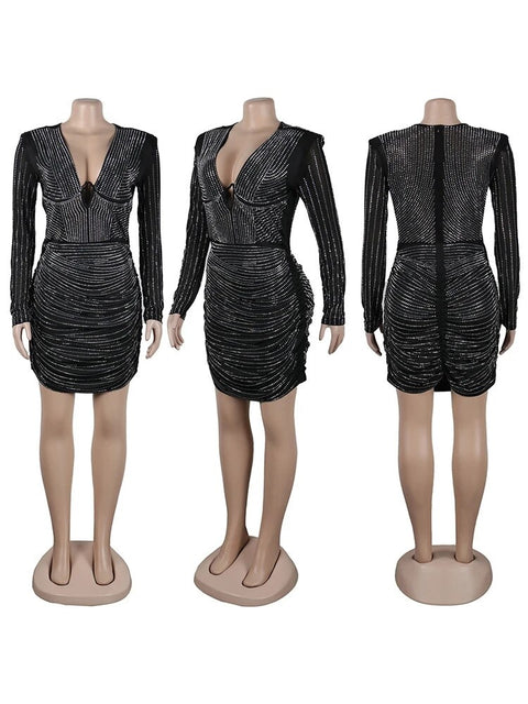 Luxury Elegant Rhinestone Patchwork Sequin Long Sleeve Bodycon Short Dress CODE: KAR2464