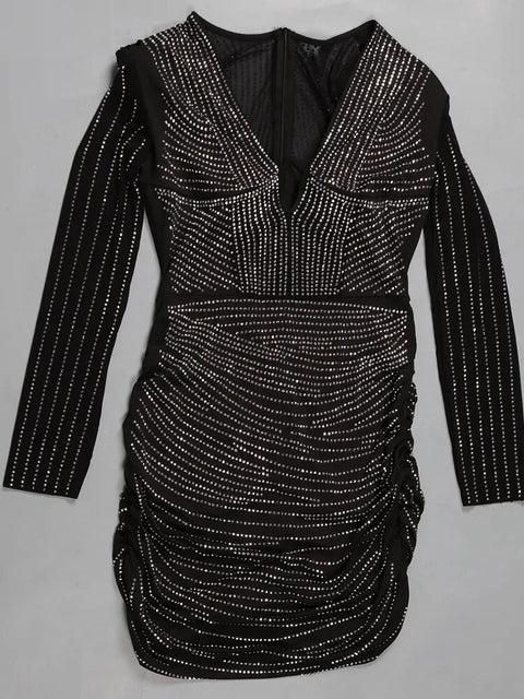 Luxury Elegant Rhinestone Patchwork Sequin Long Sleeve Bodycon Short Dress CODE: KAR2464