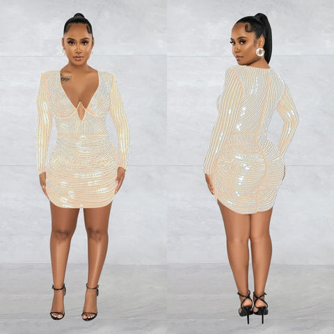 Luxury Elegant Rhinestone Patchwork Sequin Long Sleeve Bodycon Short Dress CODE: KAR2464