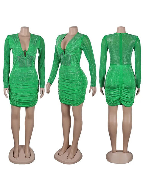 Luxury Elegant Rhinestone Patchwork Sequin Long Sleeve Bodycon Short Dress CODE: KAR2464