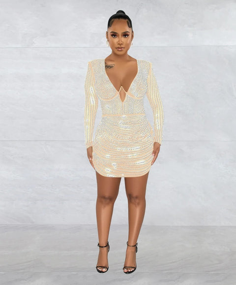 Luxury Elegant Rhinestone Patchwork Sequin Long Sleeve Bodycon Short Dress CODE: KAR2464