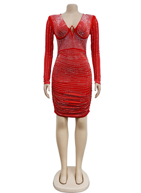 Luxury Elegant Rhinestone Patchwork Sequin Long Sleeve Bodycon Short Dress CODE: KAR2464