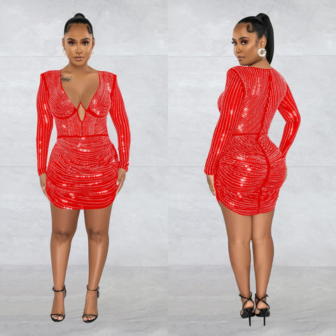 Luxury Elegant Rhinestone Patchwork Sequin Long Sleeve Bodycon Short Dress CODE: KAR2464
