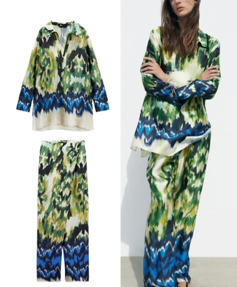 New Summer Lapel Loose Slit Tunic Double-breasted Shirt Wrap-style Printed High-waist Pant CODE: KAR2466