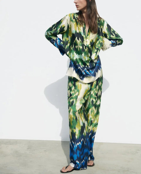New Summer Lapel Loose Slit Tunic Double-breasted Shirt Wrap-style Printed High-waist Pant CODE: KAR2466