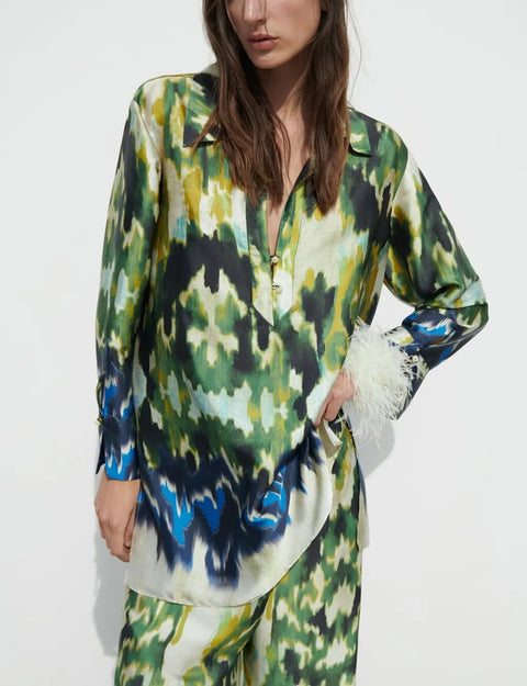 New Summer Lapel Loose Slit Tunic Double-breasted Shirt Wrap-style Printed High-waist Pant CODE: KAR2466