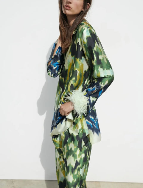 New Summer Lapel Loose Slit Tunic Double-breasted Shirt Wrap-style Printed High-waist Pant CODE: KAR2466
