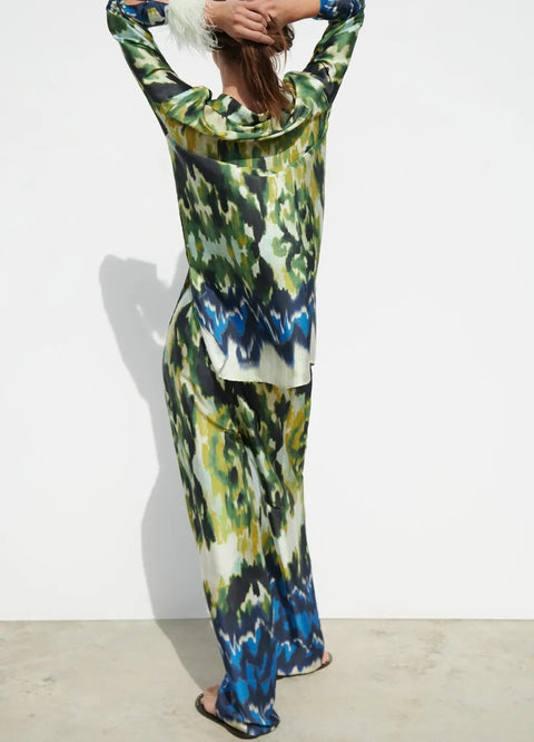 New Summer Lapel Loose Slit Tunic Double-breasted Shirt Wrap-style Printed High-waist Pant CODE: KAR2466