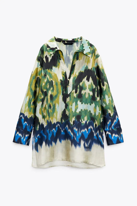 New Summer Lapel Loose Slit Tunic Double-breasted Shirt Wrap-style Printed High-waist Pant CODE: KAR2466