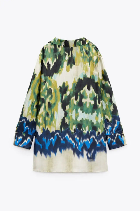 New Summer Lapel Loose Slit Tunic Double-breasted Shirt Wrap-style Printed High-waist Pant CODE: KAR2466