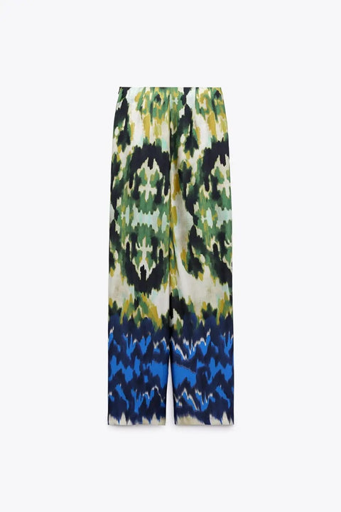 New Summer Lapel Loose Slit Tunic Double-breasted Shirt Wrap-style Printed High-waist Pant CODE: KAR2466