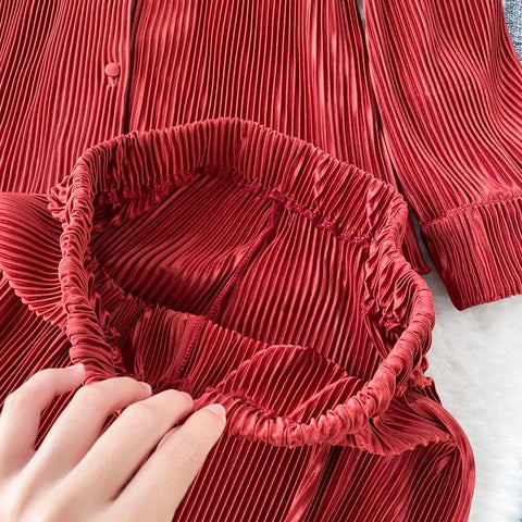 New Fashion Pleated Long Sleeve High Waist Top + Casual Pant Two-piece Set CODE: KAR2467