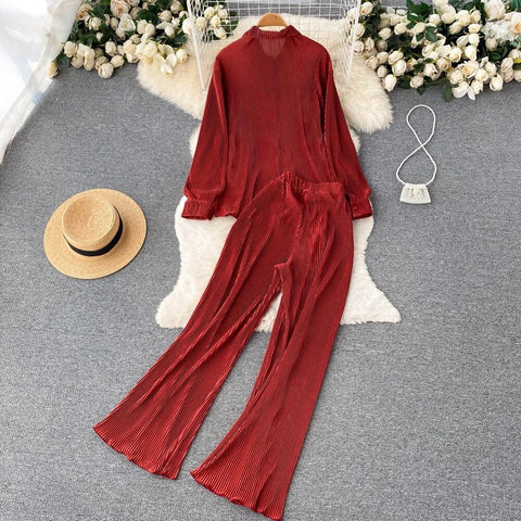 New Fashion Pleated Long Sleeve High Waist Top + Casual Pant Two-piece Set CODE: KAR2467