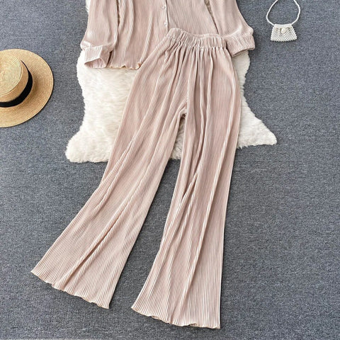 New Fashion Pleated Long Sleeve High Waist Top + Casual Pant Two-piece Set CODE: KAR2467