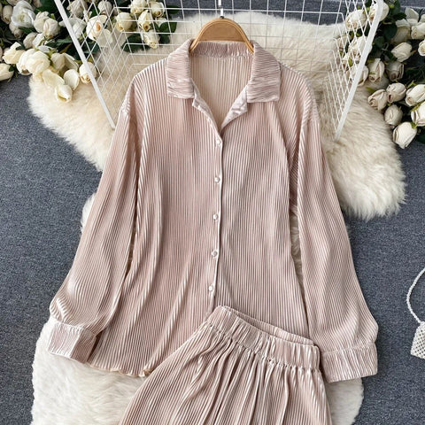 New Fashion Pleated Long Sleeve High Waist Top + Casual Pant Two-piece Set CODE: KAR2467