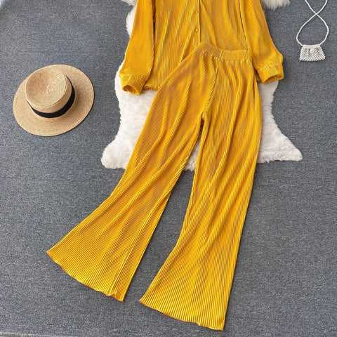 New Fashion Pleated Long Sleeve High Waist Top + Casual Pant Two-piece Set CODE: KAR2467