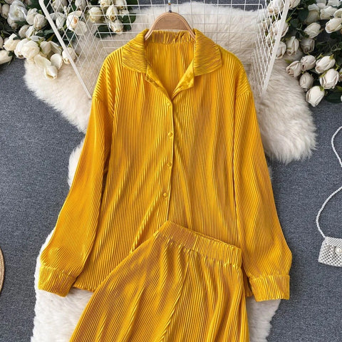 New Fashion Pleated Long Sleeve High Waist Top + Casual Pant Two-piece Set CODE: KAR2467