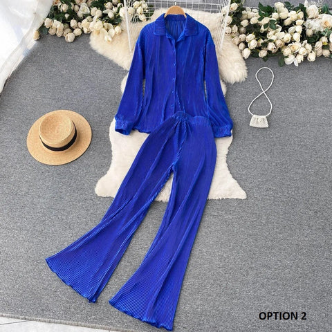 New Fashion Pleated Long Sleeve High Waist Top + Casual Pant Two-piece Set CODE: KAR2467