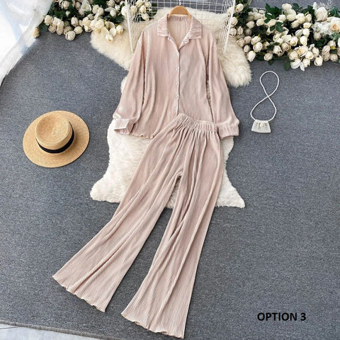 New Fashion Pleated Long Sleeve High Waist Top + Casual Pant Two-piece Set CODE: KAR2467